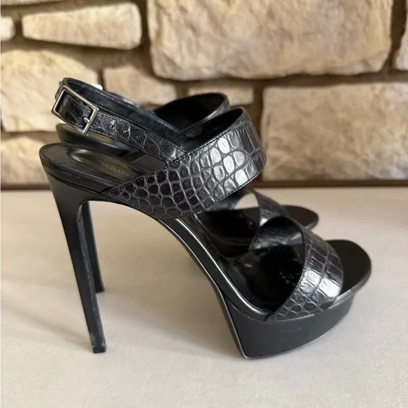 Black Croc-Embossed Leather Women's Sandals - Picture 3 of 12